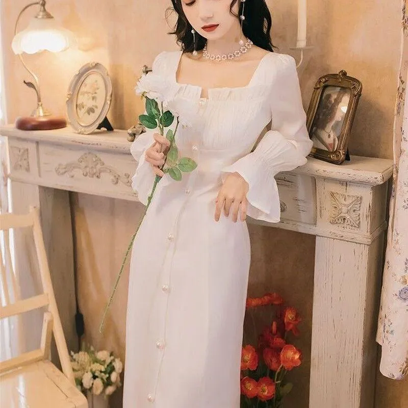 Robes décontractées Robe de fée élégante Femmes Français Vintage Retro Party Midi Manches longues Volants Sweet Chic Blanc Automne