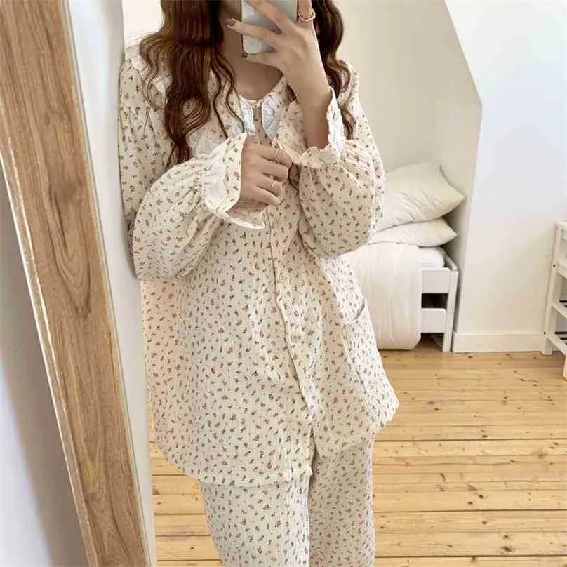 Chique tweedelige pak bloemen afdrukken nachtkleding zoete zachte casual homewear losse mode thuis pyjama sets 210525