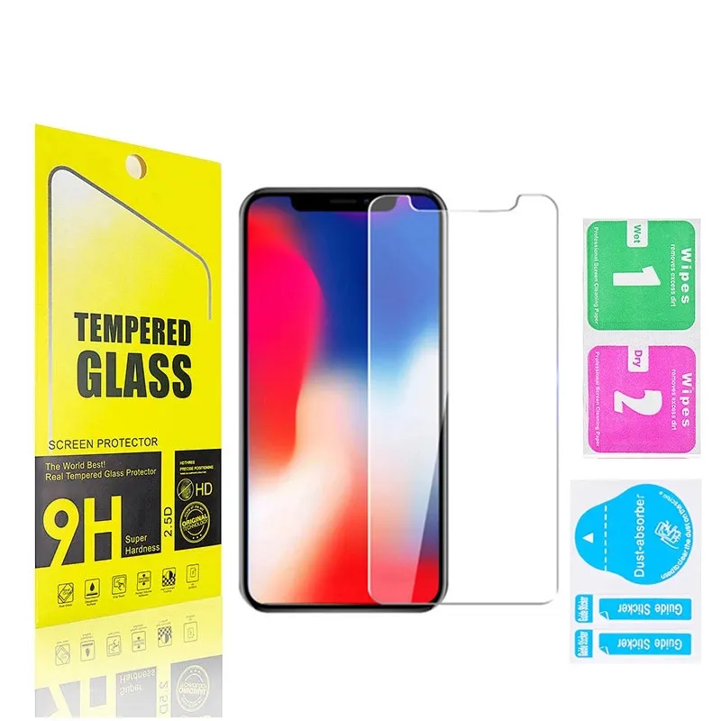 9D protetor de tela de telefone de vidro temperado para iPhone 13 12 11 pro máx x xs xr 8 7 6 mais samsung galaxy s21 a32 a42 a72 à prova de riscos temperados 0,3 mm com 10 em 1 caixa de papel