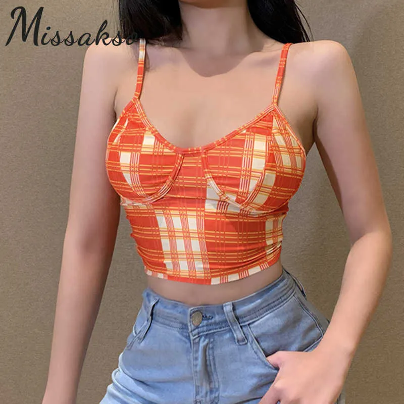 Missakso Sexig Plaid Print Spaghetti Strap Crop Top Summer Casual Women Off Shoulder Y2K Backless V Neck Corset Tops Streetwear 210625