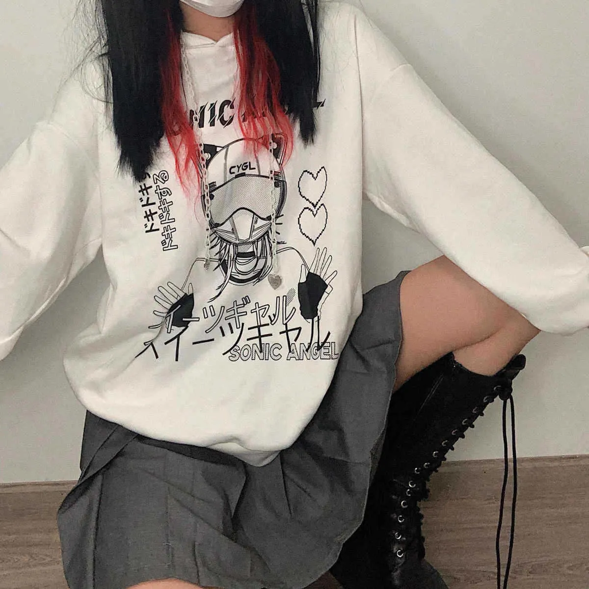 Qweek Kawaii Mulheres Hoodie Goth Impressão De Moletom Manga Longa Tops  Preto Tracksuit Rosa Macio Menina Coreana Anime Punk Roupas 210805 De  $93,72