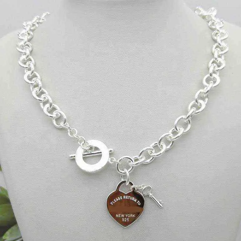 Women's new TIF Silver Love Style necklace 925 sterling silver key Heart charm pendant necklace G1201