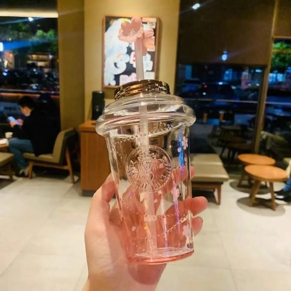 473ML Large Capacity Limited Edition Starbucks Mug Gradient Cherry Blossom Glass Original Cup with Cute Straw