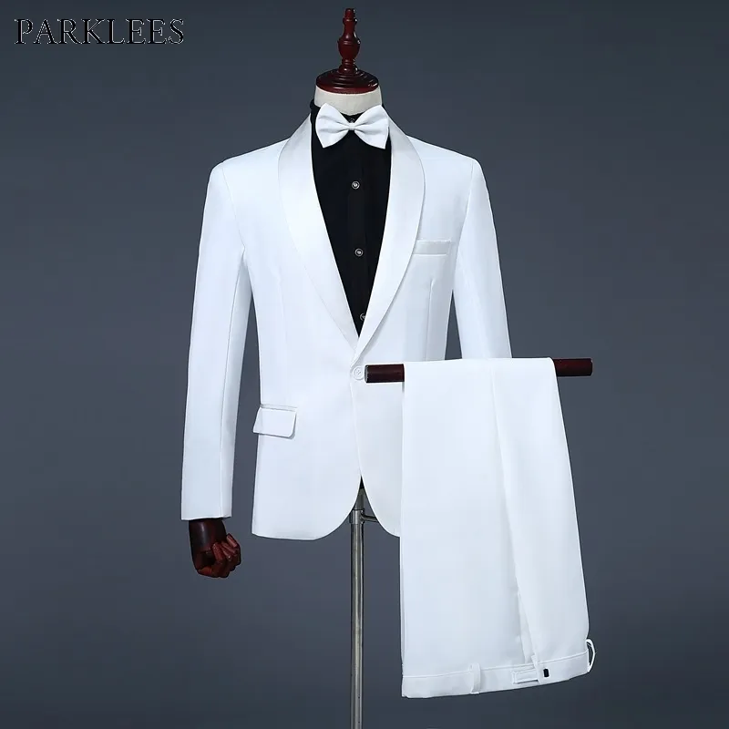 Hommes châle col un bouton 3pcs costumes de smoking (veste + pantalon + noeud papillon) marque mince fête de mariage hôte scène Terno Masculino blanc 210522