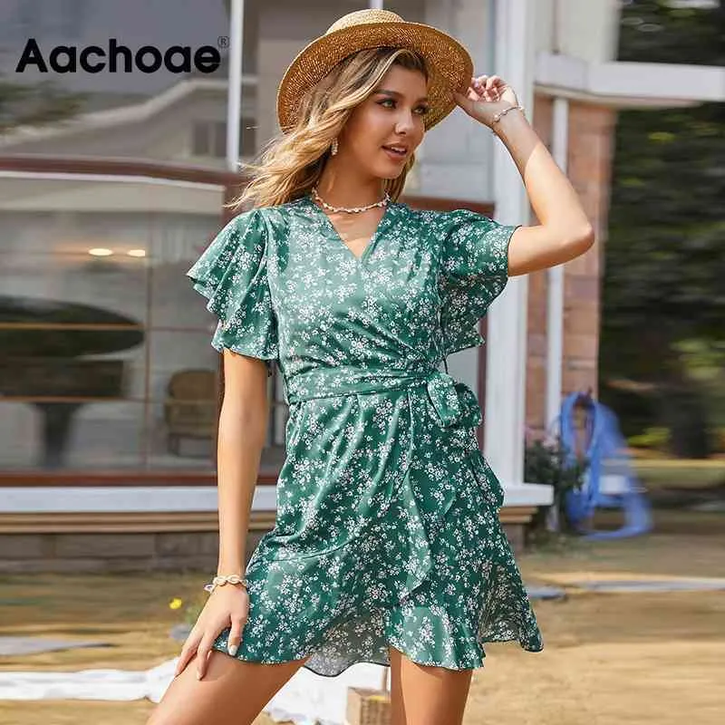 Sommer Frauen Blumendruck Schmetterling Kurzarm Elegante A-Linie V-Ausschnitt Dame Schärpen Minikleid Vestidos Mujer 210413