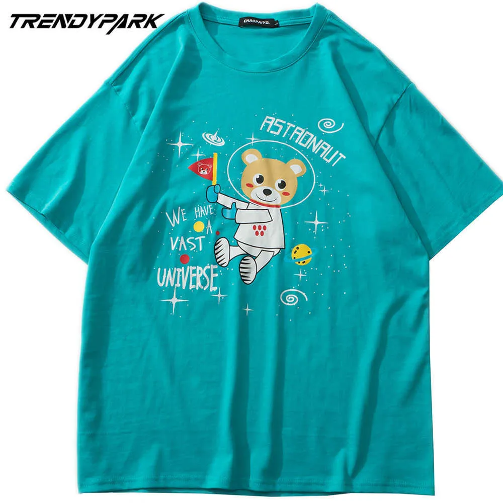 Мужская футболка смешной космический медведь напечатанный с коротким рукавом TEE хип-хоп негабаритный хлопок повседневная Harajuku Streetwear Top Thirts одежда 210601