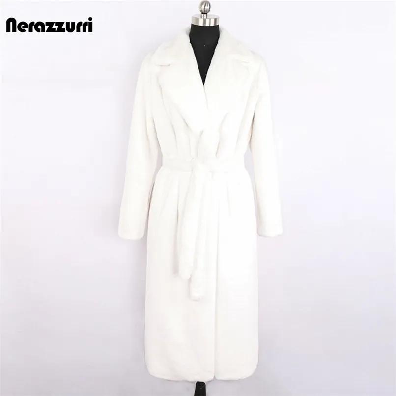 Nerazzurri inverno longo branco preto quente macio fofo casaco de pele mulheres manga longa cinto lapela elegante moda coreana sem botões 210910