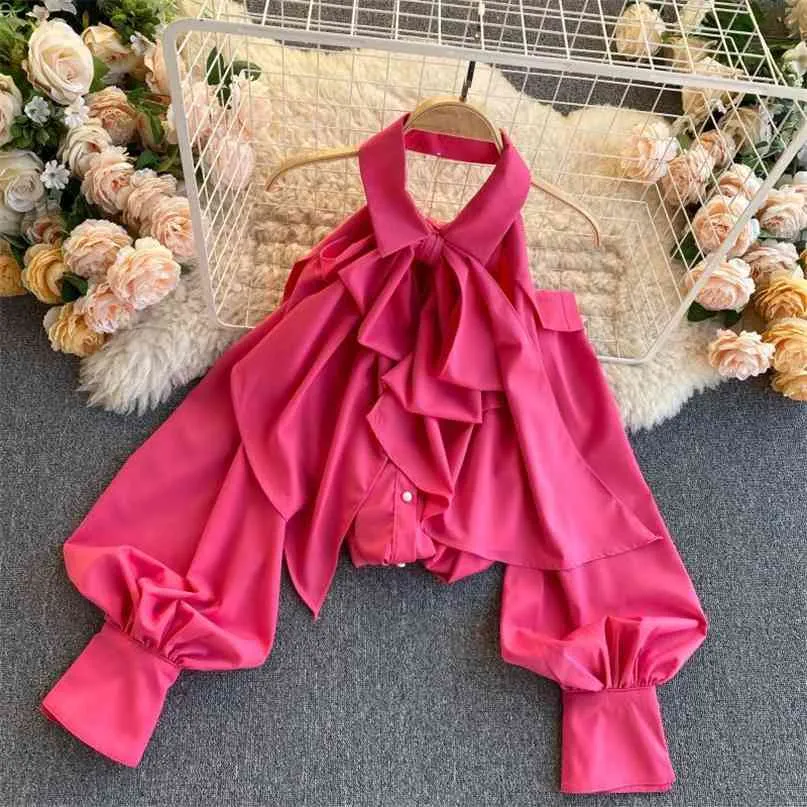 Fashion Women Bow Neck Machine Backless Shirt Lady Long Sleeve Solid Color Vintage Ropa De Mujer Camisas Blosue Q644 210527