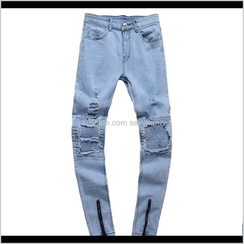 men light blue biker jeans denim ripped holes slim supper skinny hip hop heans for men1