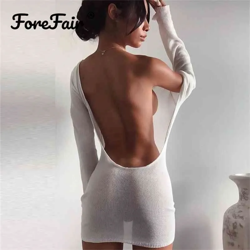 Forefair Bare Back See Through Dress Long Sleeve Knitted White Beach Sexy O Neck Summer Party Mini Skinny Dress Women 210806