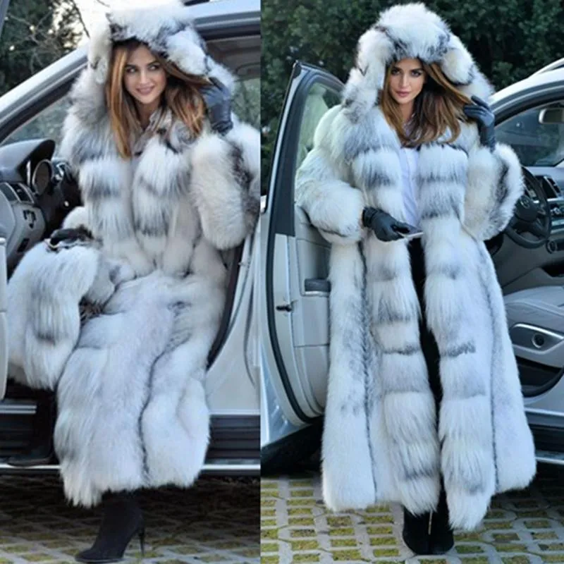 Women's Faux Fur Coat, Winter Fashion Warm X-Long Plus Size Coats, Solid  Hooded Loose Open Stitch Clothing