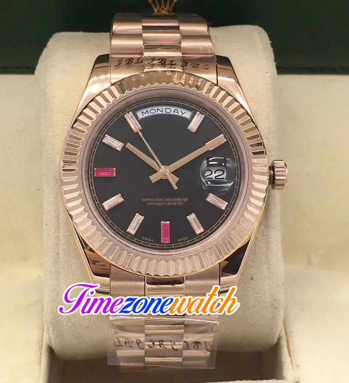 41mm Dag Datum A2813 Automatisk mens Klocka 18K Rose Gold Fluted Bezel Black Dial Red Diamond Stick Markörer Rostfritt Stål Armband Klockor TimeZoneWatch E11C3