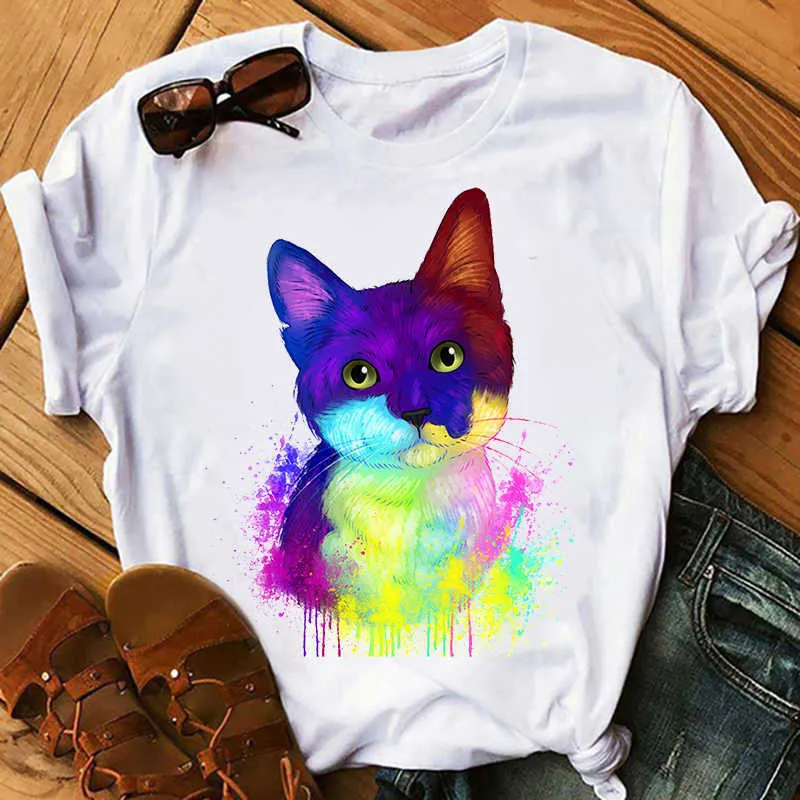 Stylish Colorful Cat Womens Graphic T Shirts For Women Short