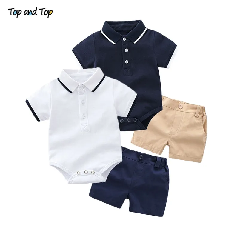 Top and Summer Fashion born Boys Formal Clothing Set Cotton Romper + Shorts Baby Gentleman Suit Kids Clothes Sets 210816
