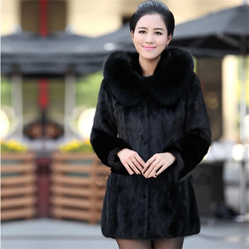 Damska Faux Fur Coat Winter Ciepły Czarny Imitacji Futro Long Round Neck Hat Temperament Młoda dama 211018