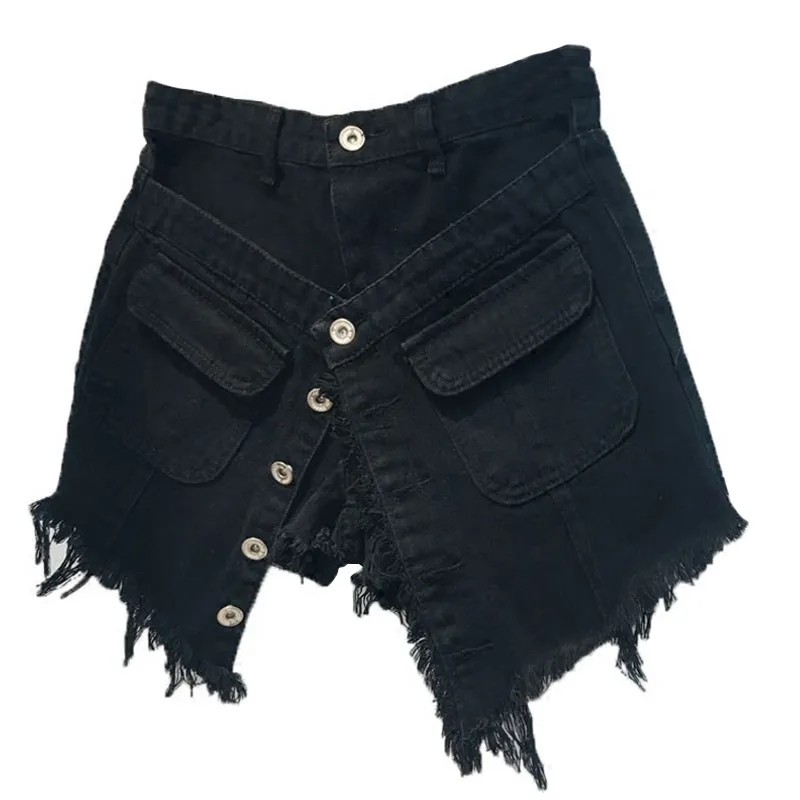 [Ewq] High-waisted raw-edge rippade jeans falska tvådelade byxor all-match blå denim bredben shorts paty jeans sommar ny 210423