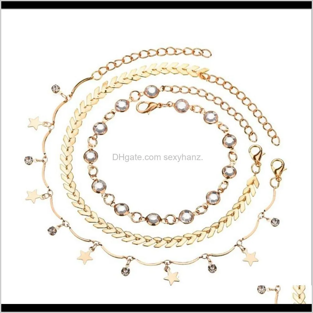 summer versatile popular jewelry women`s five pointed star with round alloy arrow anklet three piece set