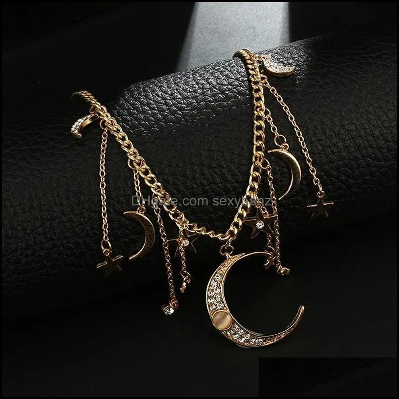 Gold Shiny Crystal Star Moon Pendant Tassel Necklace Boho Fashion Choker Women Jewelry Gift