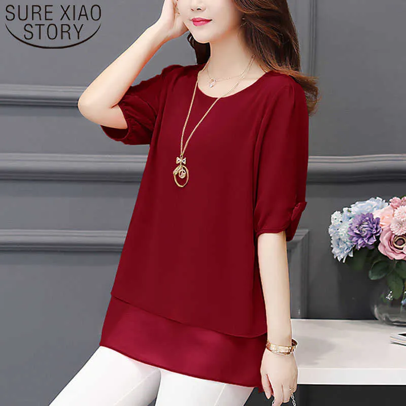Korean fashion clothing harajuku plus size 4XL-5XL chiffon blouse Half Solid lantern Sleeve women blouse and tops 3726 50 210527