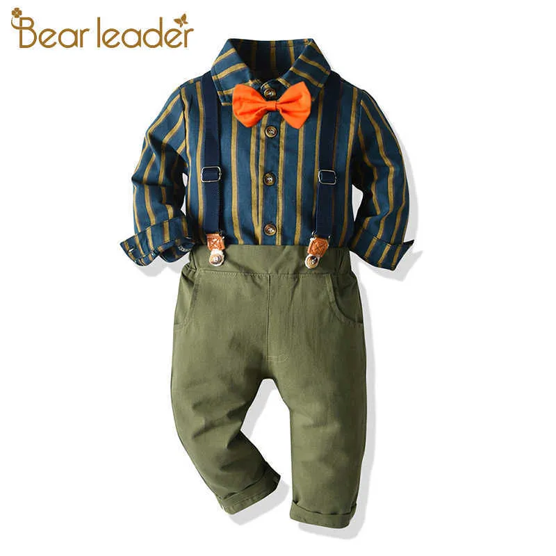 Bear Leader Baby-Kleidung aus Baumwolle, modisch, gestreift, bedruckt, lässige Bluse, Kinderanzug, Babyanzug, Hochzeit, Gentleman-Set 210708
