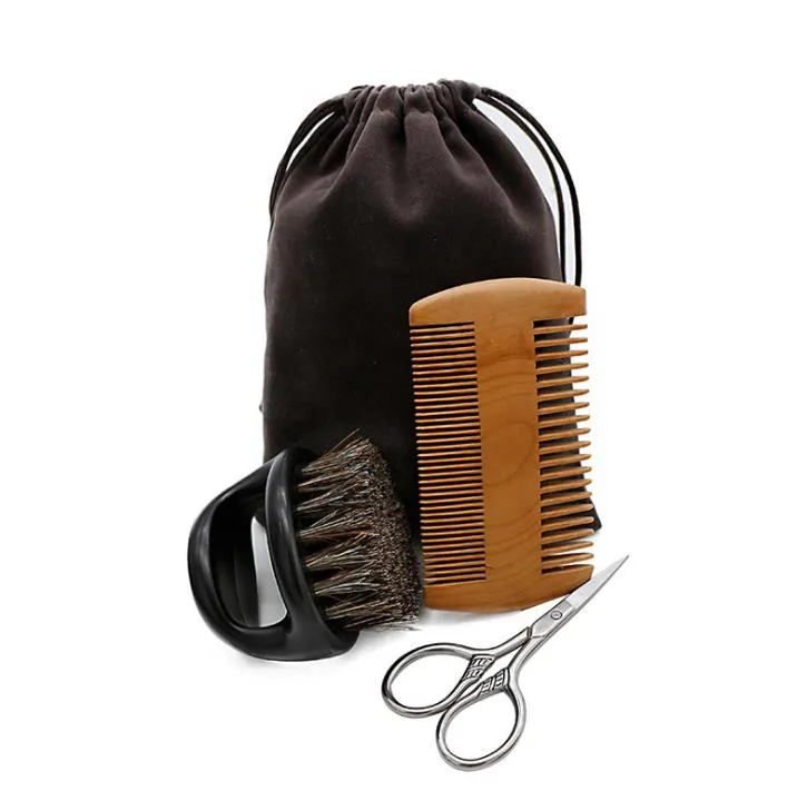 3pcs Wooden Beard Comb And Natural Bristles Brush With Scissors Set For Men