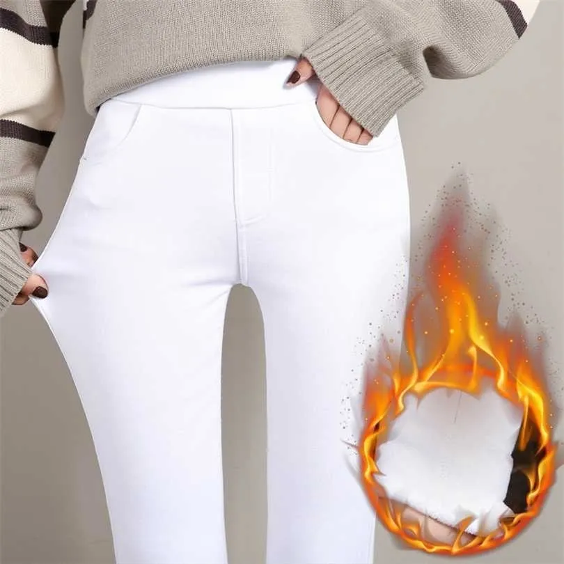 Winter Warm Legging's Velvet Thick Slim Trousers Ladies Casual Solid Elastic Stretch Skinny Pencil Pant White Black 211221