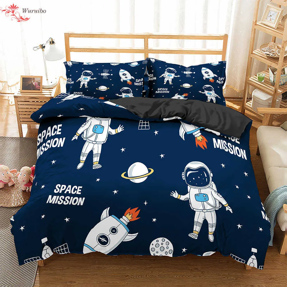 Homesky Cartoon Bedding Set Aviation Astronaut Duvet Cover Boys Blue Sky Dream Quilt Cover Twin Single Double Store Pillow Case 210706