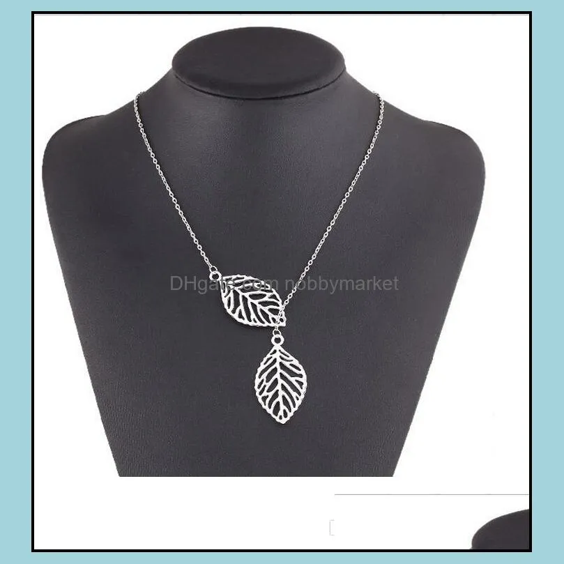 Simple European New Fashion Vintage Punk Gold Hollow Two Leaf Leaves Pendant Necklace Clavicle Chain Creative Charm Jewelry Women Collar