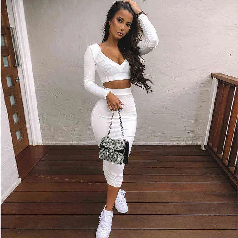 Asia Sexy Two Piece Set V Neck Long Sleeve Crop Top Long Skirt Set