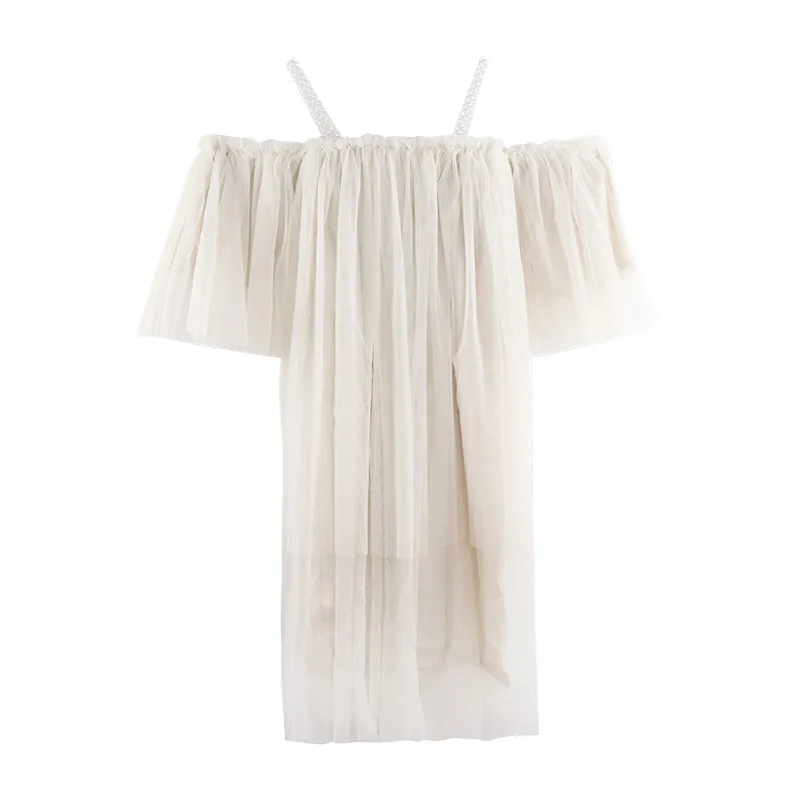 Kvinnor Semester Klänning Aprikos Beading Spaghetti Strap Slash Neck Mesh Loose Flare Ärm Knee Längd Sommar D2337 210514