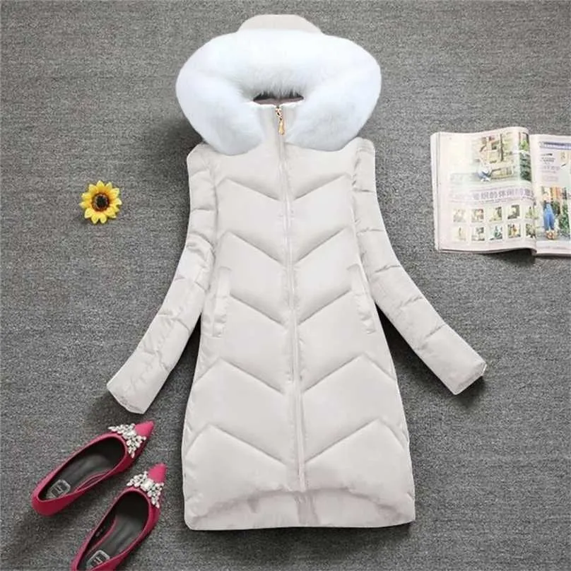 Witte vrouwen jassen parka's vrouwelijke jas winter warme capuchon jas vrouwen grote bontkraag donsjack 211013