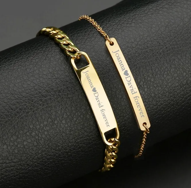 Bracelet à maillons de barre avec plaque signalétique gravée personnalisée, bijoux personnalisés pour Couple, chaîne d'identification en acier inoxydable, pour amoureux, 2021