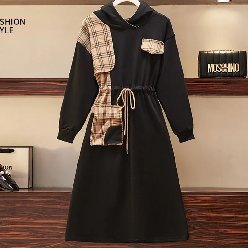 Spring Female Loose Casual Long Sleeve Drawstring Empire Panelled Plaid Hooded Plus Size Sweatshirt Dress 8Y321 210510