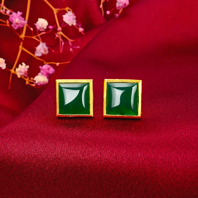 Natural Green Jade Earring 925 Silver Ear Studs Moda Biżuteria Chalcedon Amulet Prezenty dla kobiet