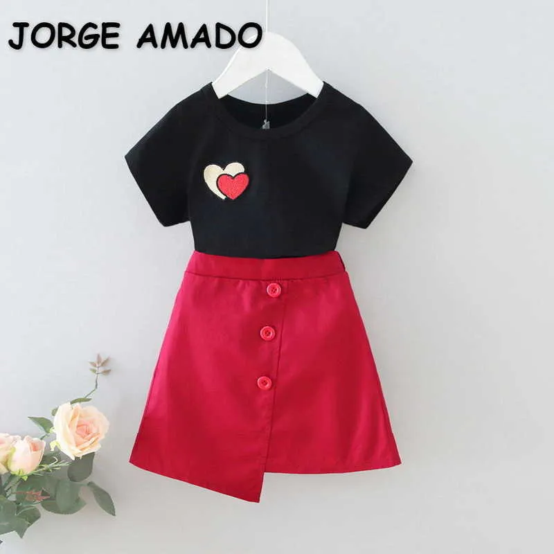 夏の女の子2  -  PCSセット黒半袖愛心Tシャツ+赤いハイウエストスカート子供衣装E223 210610