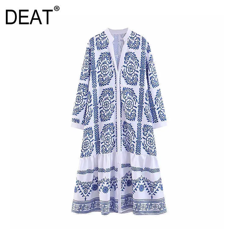 [DEAT] Spring Autumn Fashion Women V-neck Ankle-length Long Sleeve Printing A-line Loose Elegant Dress 13W904 210527