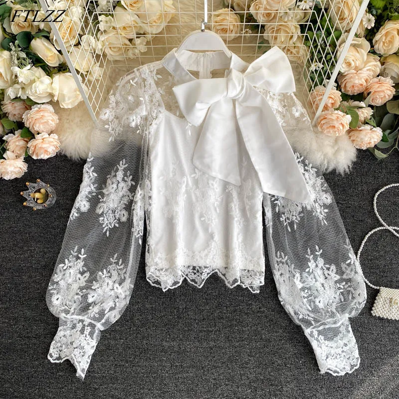 Summer Elegant Lady Bow Puff Sleeve Lace Patchwork Shirt Top Sweet Sun Proof Clothes 210423