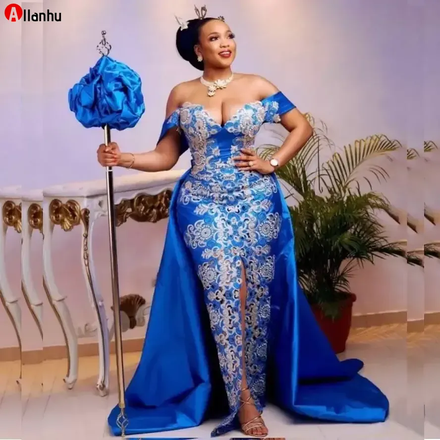 Aso ebi حورية البحر فساتين السهرة الأزرق قبالة الكتف overskirt حفلة موسيقية اللباس زائد حجم النساء العباءات الرسمية جبهة سبليت رداء دي سواريه دي خطاباتخطابهزوجات BFG