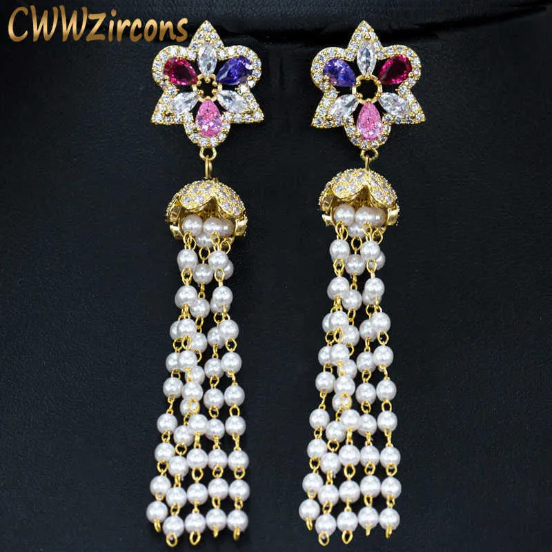 Multi Color CZ Stone Handmade Simulated Pearl Long Drop Tassel Earrings for Women Vintage Ethnic Jewelry CZ267 210714