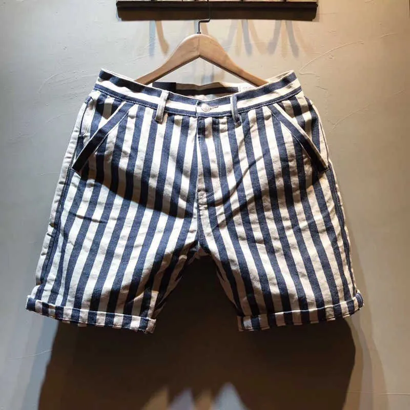 Marque de mode d'été pour hommes coton coupe ajustée droite japon Style Vintage rayé bleu marine Shorts décontractés homme chine vêtements 210714