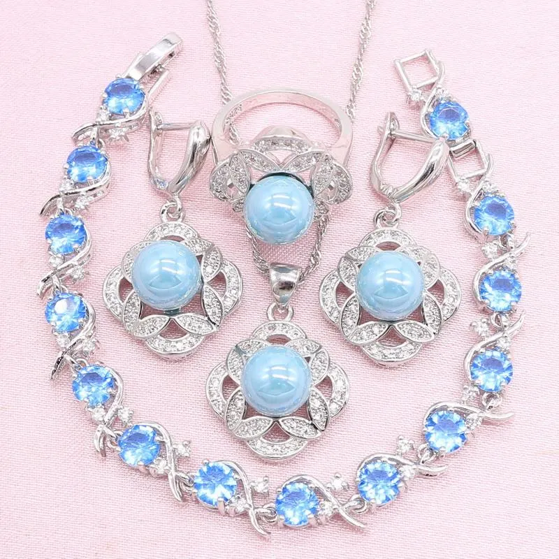Earrings & Necklace Trendy Blue Pearl Silver Color Jewelry Sets For Women Wedding Bracelet Pendant Ring Christmas Gift