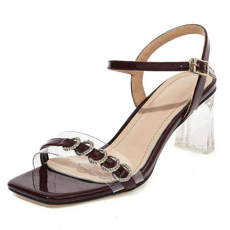 Sandels 검은 색 낮은 투명한 PVC 하이힐 여성 샌들 여름 오픈 발가락 여성 발목 스트랩 파티 웨딩 신발 크기 10 11 12 220303
