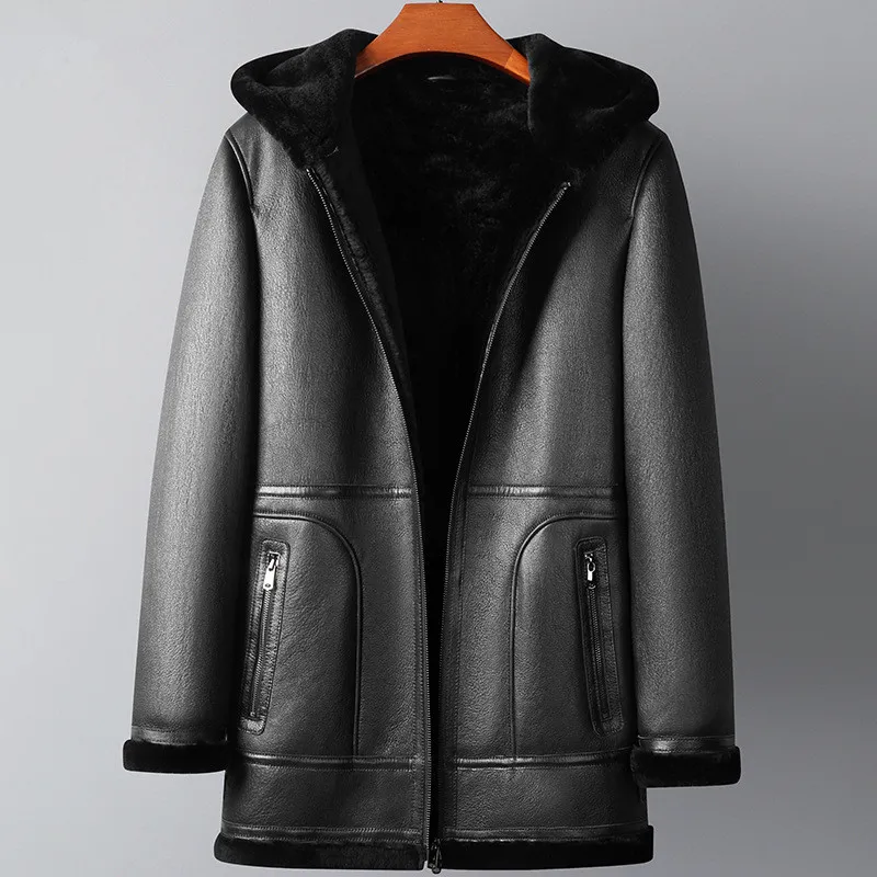 Hooded Leather Jacket Winter Coat Mens Tjock och varm Real Fur Jackor Windbreakers Plus Size L-5XL Svart Overcoat Ytterkläder Zipper