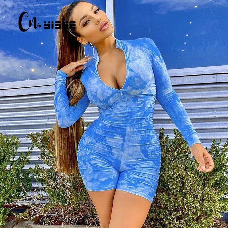 CNYISHE FASHION NEON TIE DYE Rompers Casual Biker Shorts Rompers Kvinnor Jumpsuits Långärmad Aktiv bär Skinny Playsuits 210419