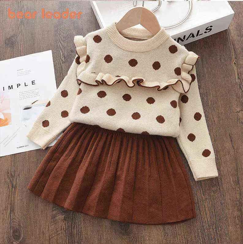 Bear Leader Kids Knitwear Passar Flickor Baby Plaid Sweaters Coats Ruffle Christmas Sweet Dots Dress Outfits Princess Clothes Sets Y220310