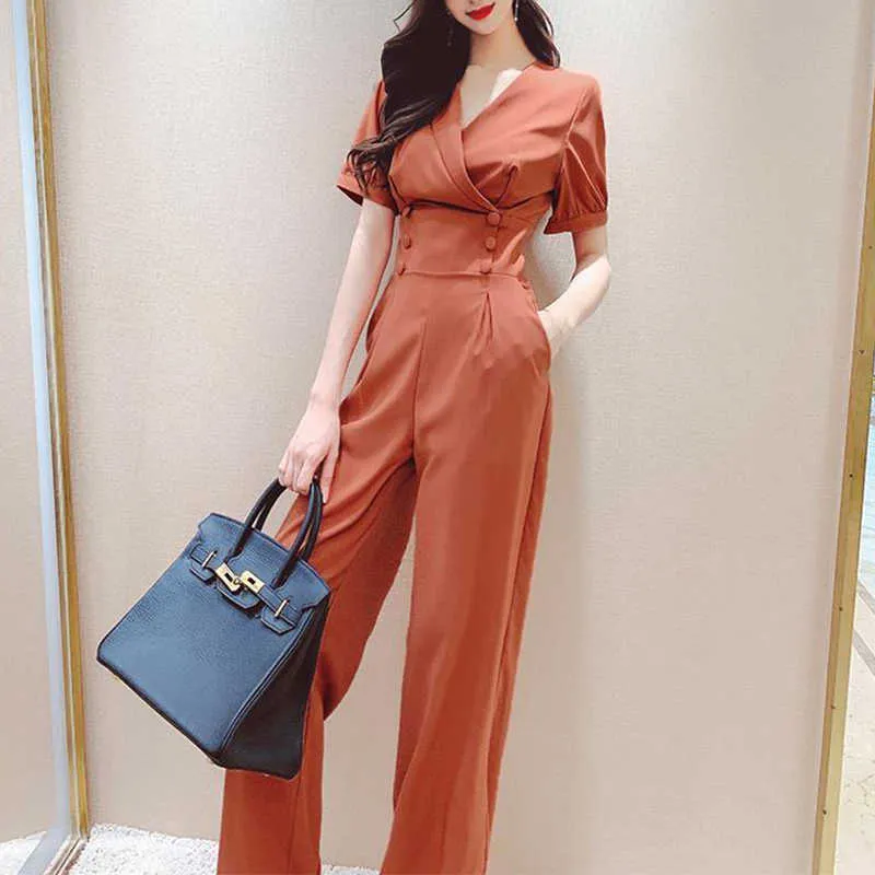 シンプルなジャンプスーツ女性夏の韓国のファッション全長半袖ボタン女性服オフィスレディ210604