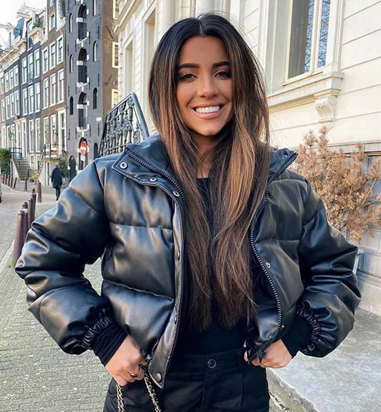UPPIN PU Leather Short Parka Jacket Thick Warm Cotton Outerwear
