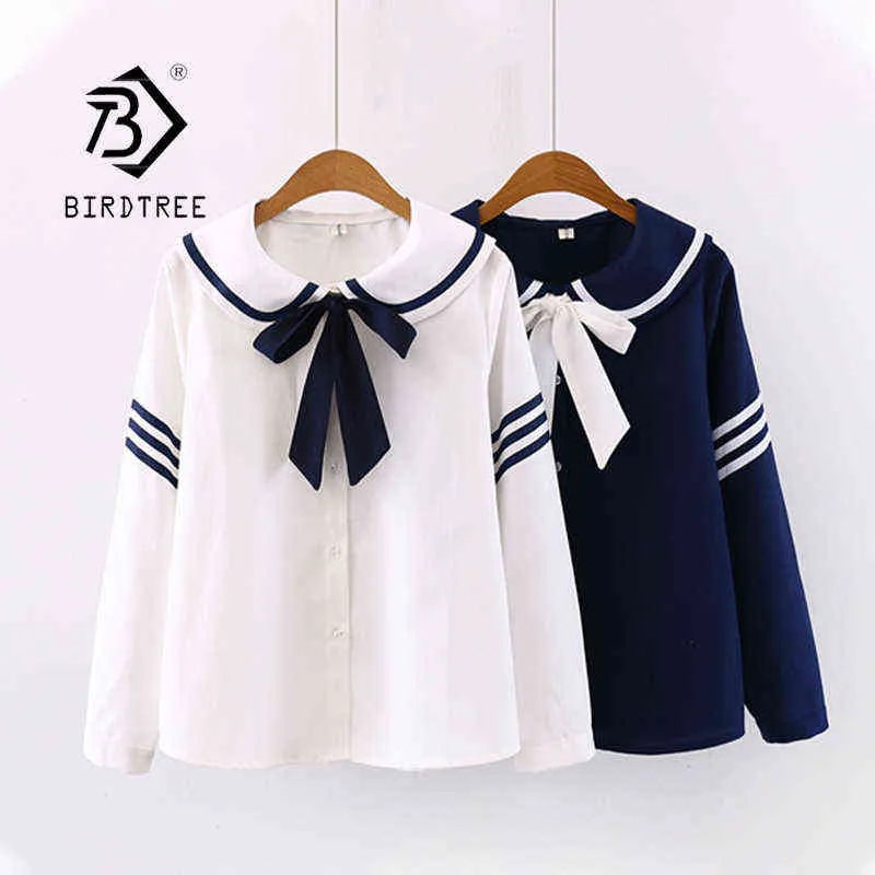 Vårkvinnor Bomull Sailor Collar Full Sleeve Blus med Bow Girl Sweet JK Kort Skjorta Striped Höst Casual Toppar T113 210721