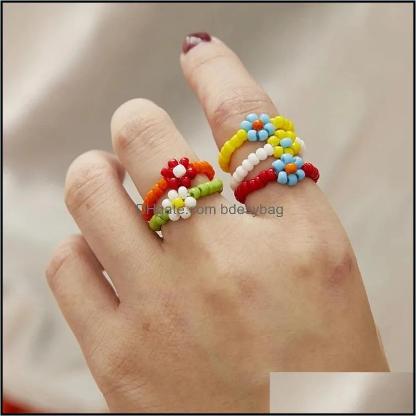 BoHo Small  Style Multi-color Small Flower Ring Handmade Rice Beads Ring For Women Girls Beach Party Jewelry