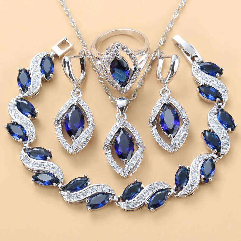 925 Sterling Silver Accessorie de casamento nupcial conjuntos com pedra natural CZ pulseira azul e anel sets 220113